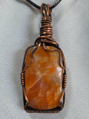 Wire Wrapped Orange Adventurine Crystal Pendant made with Oxidized Raw Copper